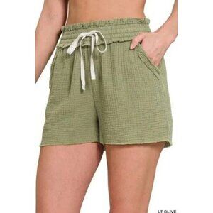 Zenana NEW Double Elastic band Drawstring Short size Large Olive Green